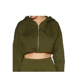 Naked Wardrobe Hoodie Womens Medium Olive Green Cropped Zip Up NWT